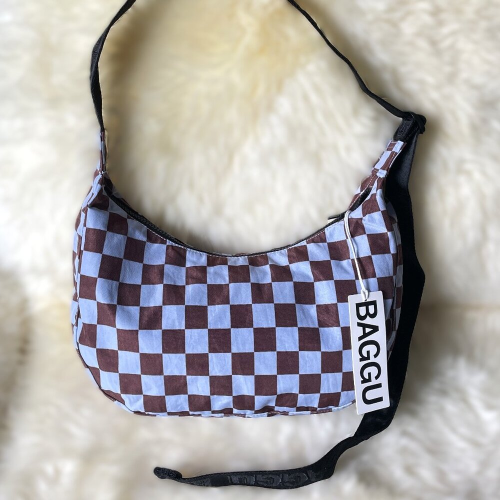 NWT Baggu Medium Crescent Bag - Brown Blue Check - Picture 2 of 8
